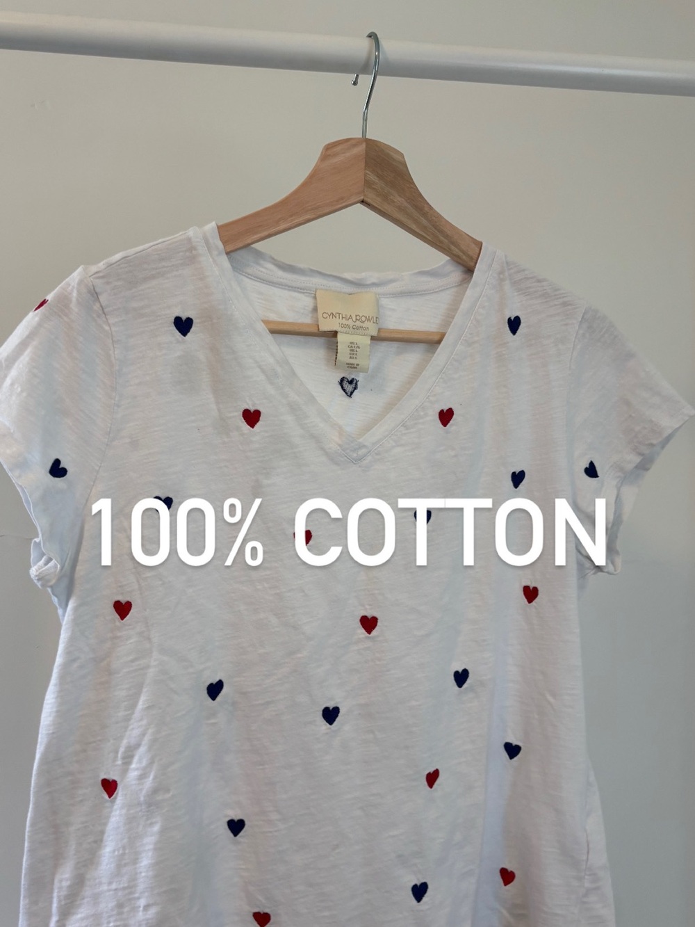 Cynthia Rowley Heart Print Tee | 100% Cotton | Embroidered Hearts